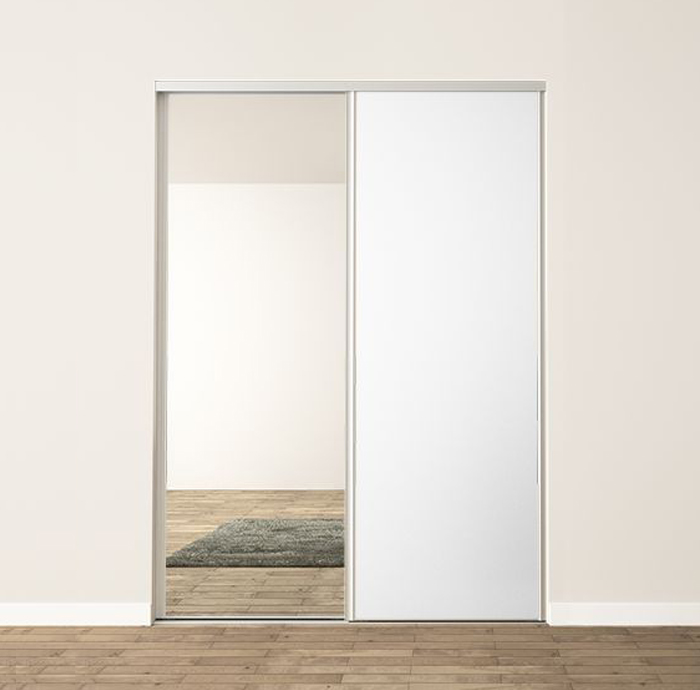 2 portes coulissantes : blanc alpin et miroir, profils harmonie : aluminium naturel