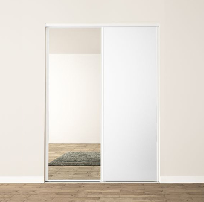 2 portes coulissantes : blanc alpin et miroir, profils harmonie : blanc brillant