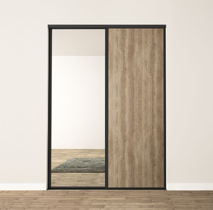 2 portes coulissantes : chêne raboté et miroir, profils harmonie : noir mat