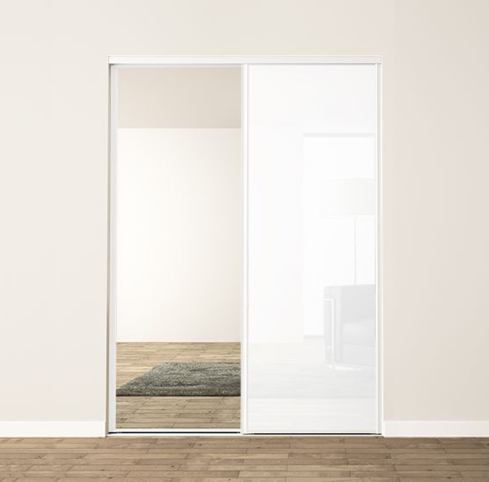 2 portes coulissantes : gloss blanc et miroir, profils harmonie : blanc brillant