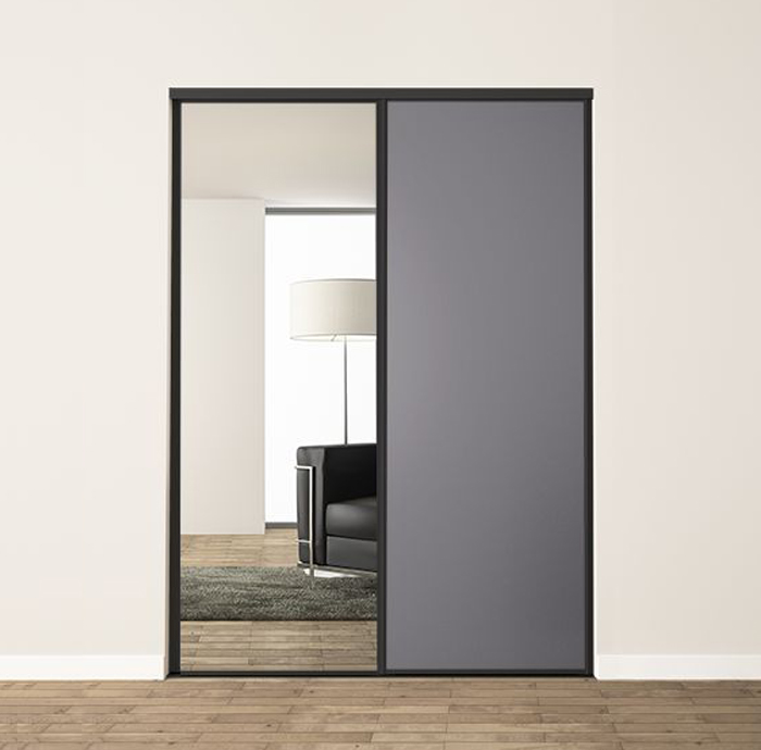 2 portes coulissantes : gris fer et miroir, profils harmonie : noir mat