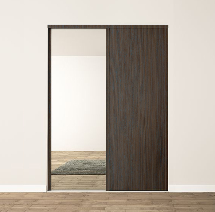 2 portes coulissantes : mélèze brun et miroir, profils harmonie : mélèze brun
