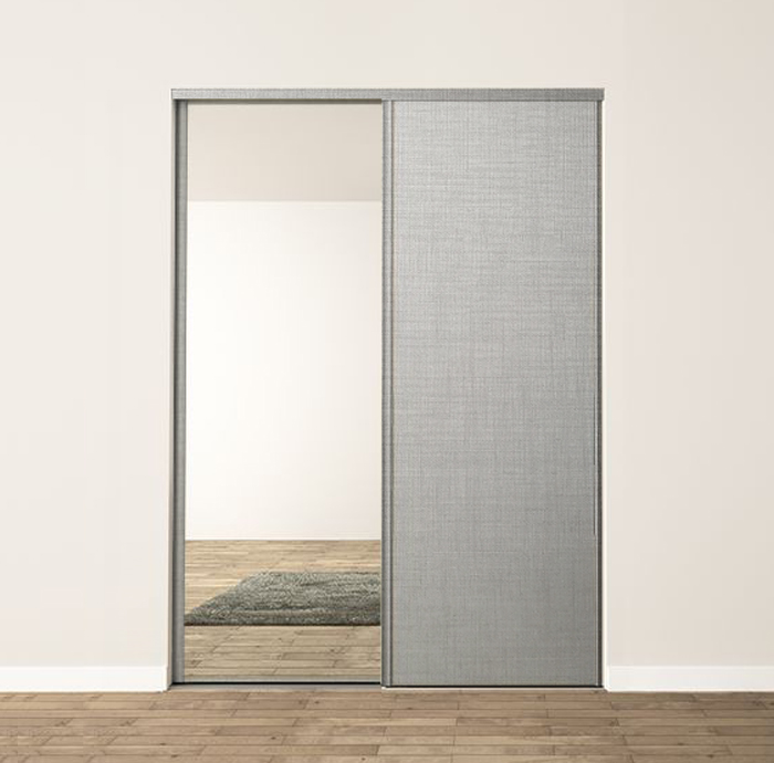 2 portes coulissantes : toile de lin nature et miroir, profils harmonie : toile de lin nature