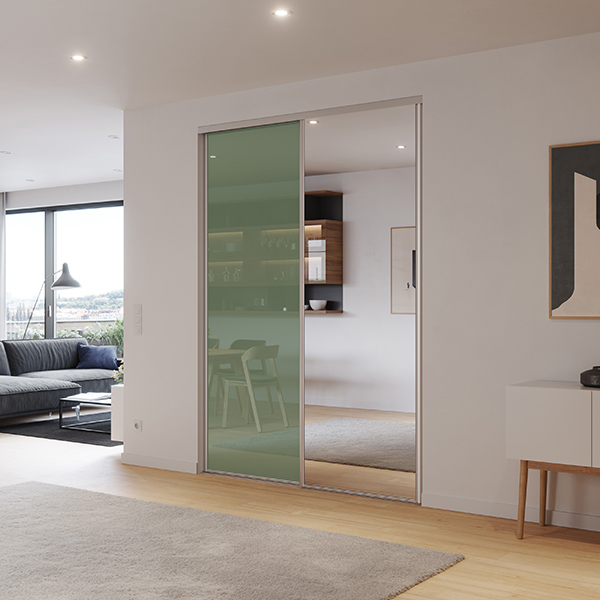 2 portes coulissantes : vert laqué et miroir, profils wind : aluminium naturel