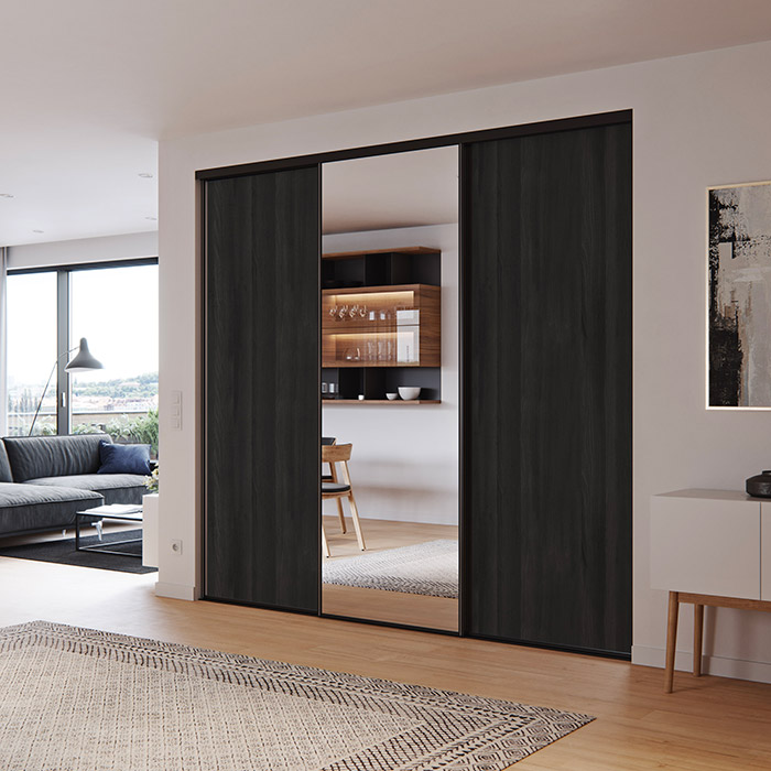 3 portes coulissantes : bois noir et miroir, profils concorde : noir mat