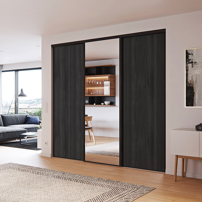 3 portes coulissantes : bois noir et miroir, profils wind : bois noir