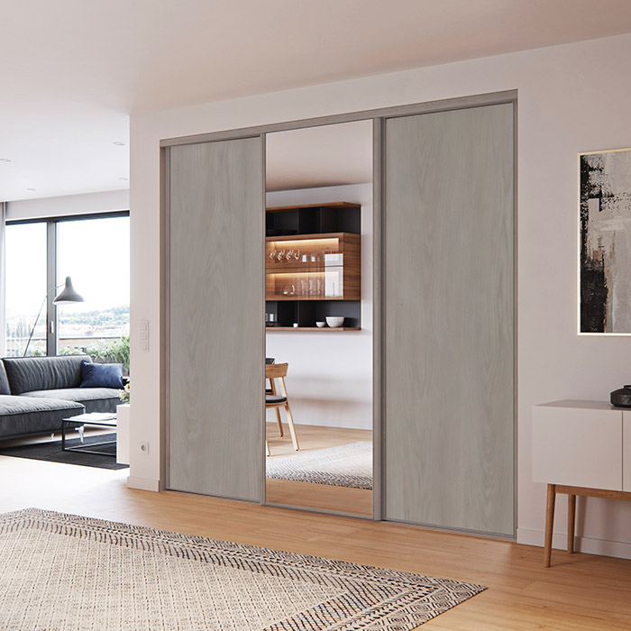 3 portes coulissantes : cérusé gris et miroir, profils wind : cérusé gris