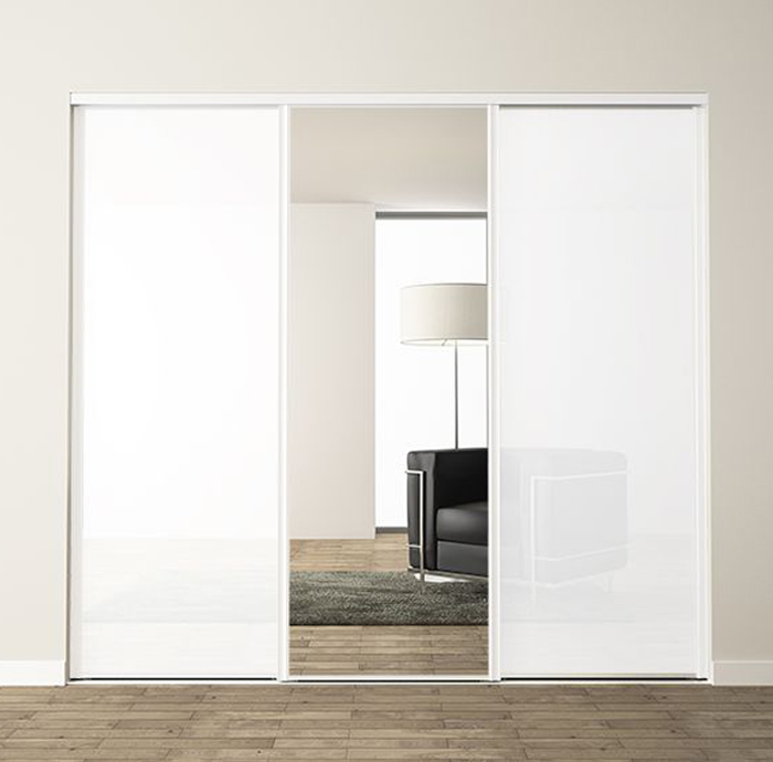 3 portes coulissantes : gloss blanc et miroir, profils harmonie : blanc brillant
