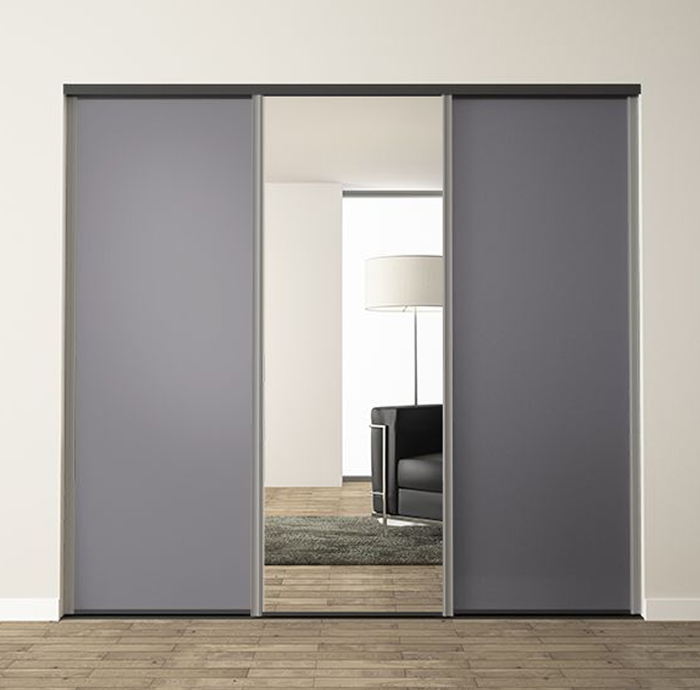 3 portes coulissantes : gris fer et miroir, profils harmonie : ardoise mat