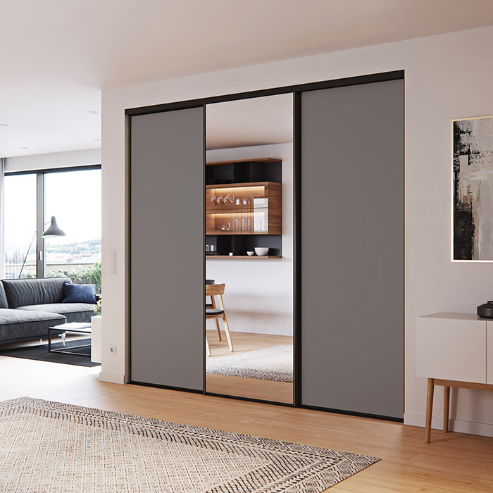 3 portes coulissantes : gris métal et miroir, profils concorde : noir mat