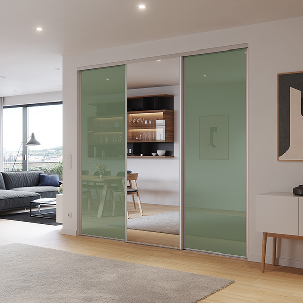 3 portes coulissantes : vert laqué et miroir, profils wind : aluminium naturel