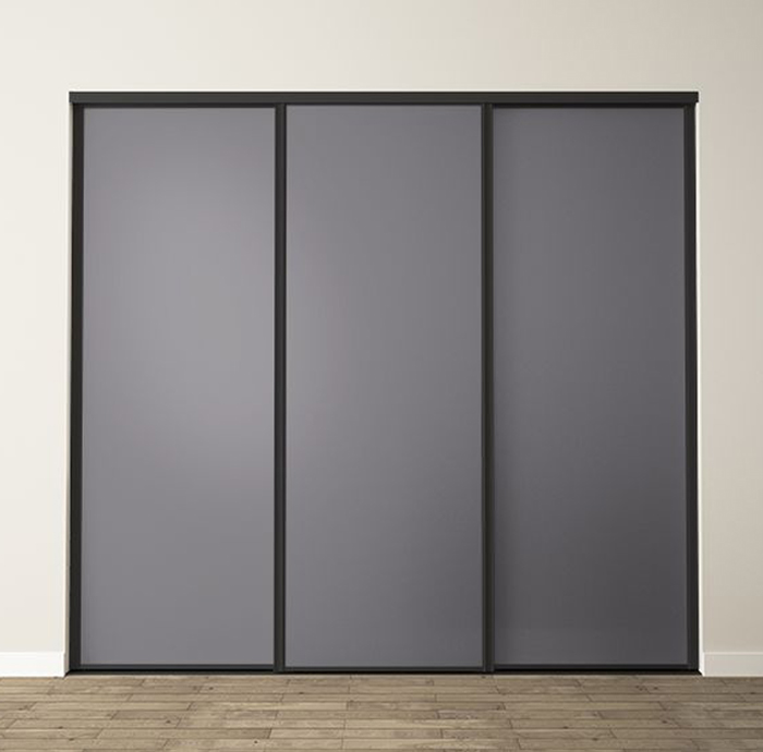 3 portes coulissantes : gris fer, profils harmonie : noir mat